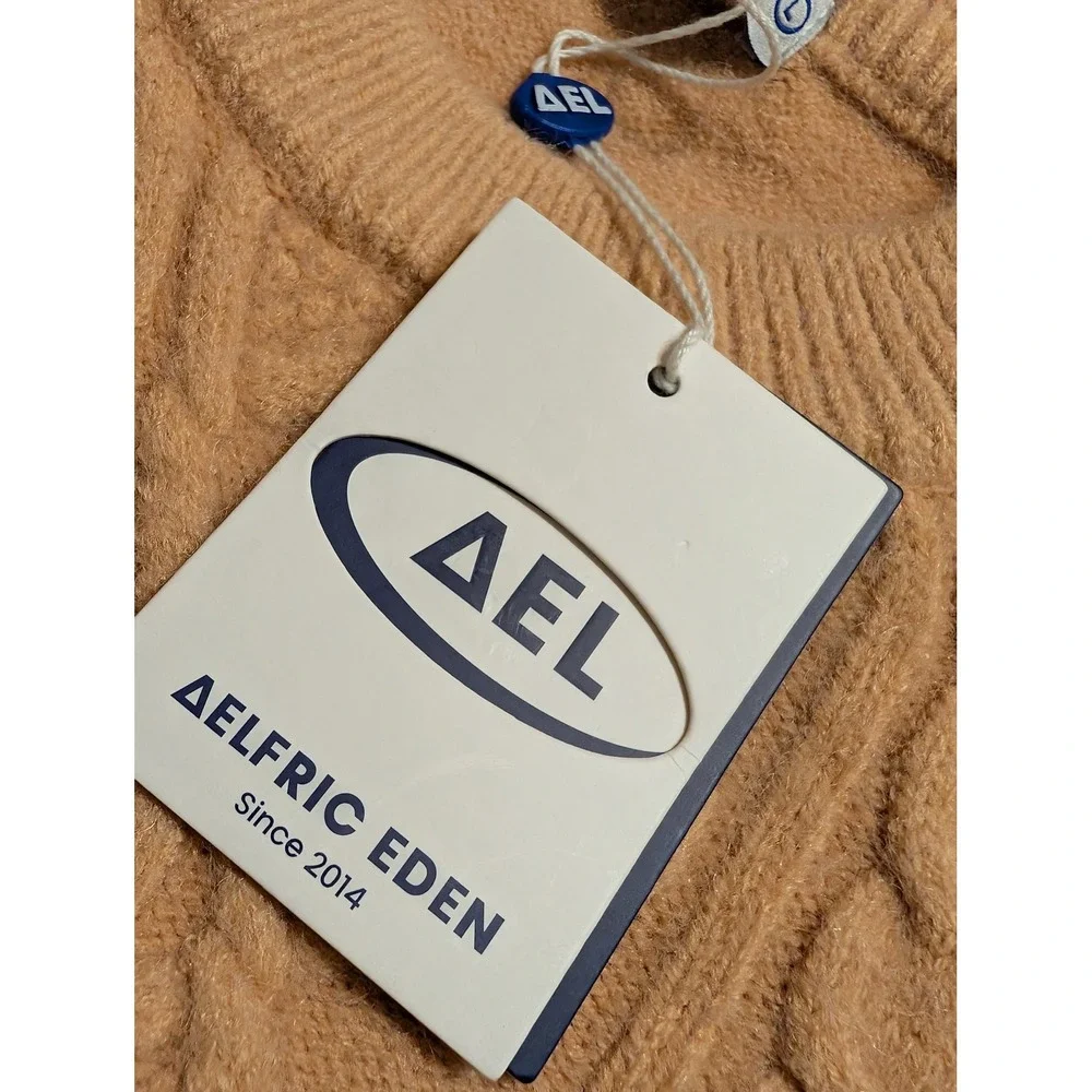 Aelfric Eden Tan Cable Knit Sweater Mens Large Diamond Pattern Crew Neck NWT